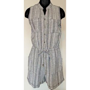 Kelly Renee‎ Romper Women Large Linen Black & White Pinstripe Button Up Jumpsuit